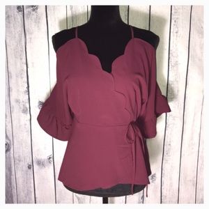 Monteau Burgundy Scalloped Blouse